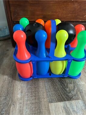 Kids Colorful 9 pin Bowling Set - Multicolor Pins and Blue Carrier